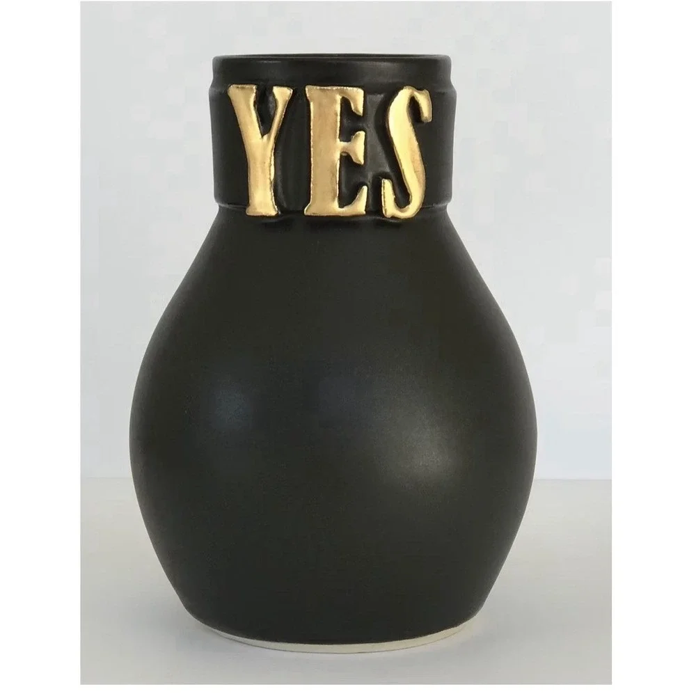 Amanda Wright Studio YES SIR Vase Set Black Gold Ceramic Art Pottery Signed